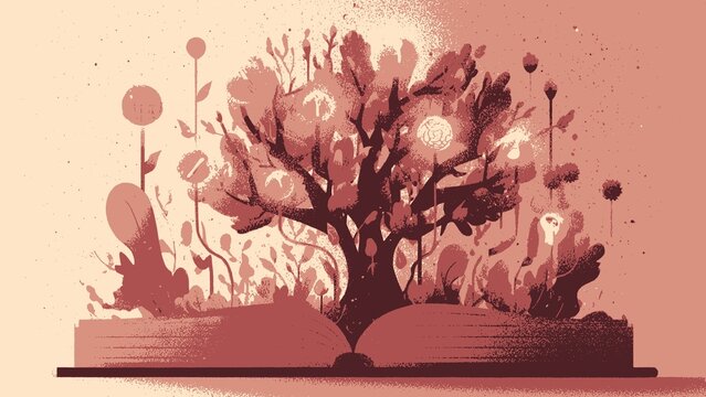 Fantastical Tree of Knowledge Flourishing from an Open Book, Representing Growth, Wisdom, and the Boundless Power of Imagination and Storytelling