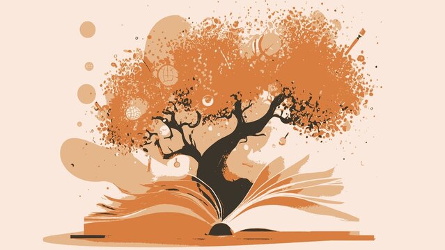A whimsical tree, its branches adorned with vibrant orange leaves, grows out of an open book, symbolizing the boundless imagination and knowledge found within stories