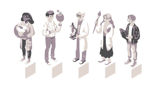 Isometric vector illustration of diverse career professionals including scientist, artist, chef, and business person
