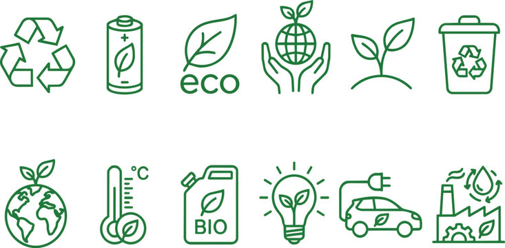 Set of green ecology and environmental protection vector icons illustrated on transparent background