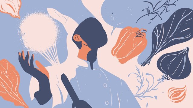Illustration of a chef in motion, surrounded by abstract shapes and fresh vegetables, symbolizing culinary arts and healthy cooking