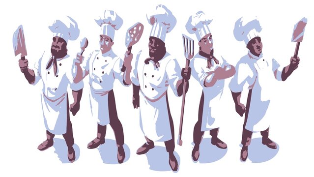 Professional Culinary Team Group Portrait Featuring Diverse Chefs Standing Together Holding Kitchen Utensils Against A White Background