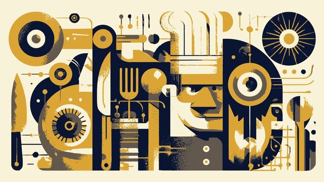 Modern Abstract Graphic Illustration of a Professional Chef Merged with Mechanical Industrial Gear Elements in Gold and Dark Blue Tones