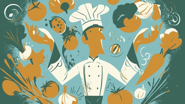 Professional Chef Juggling Fresh Organic Vegetables and Culinary Ingredients for Gourmet Cooking and Restaurant Menu Food Preparation Art