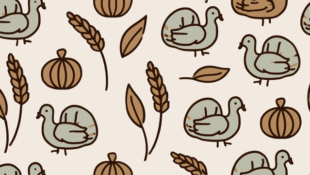 Thanksgiving seamless pattern with cute hand drawn turkeys, pumpkins, and wheat stalks on cream background