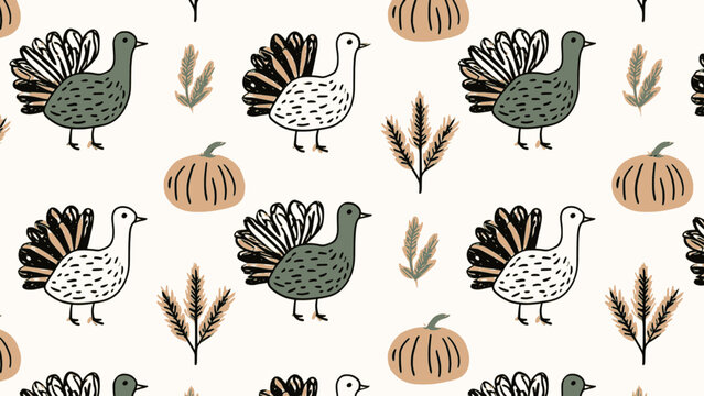 Cute Thanksgiving seamless pattern featuring hand drawn turkeys, pumpkins, and wheat stalks on a light beige background
