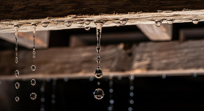 Clear water droplets fall from weathered, rough timber beams in an old attic framework, catching the light as they drip toward the floor, indoor, architecture, grain