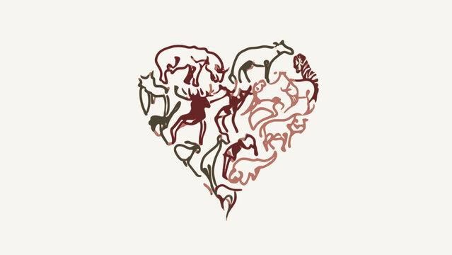 Heart shape collage made of wild animal line art drawings in earth tones on a light background representing wildlife conservation