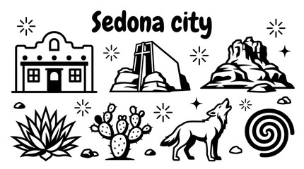 Sedona city for lesser known American destinations, desert landscapes, travel designs, and Southwest culture themes. Black and white sketch style featuring red rock scenery, local architecture © samira