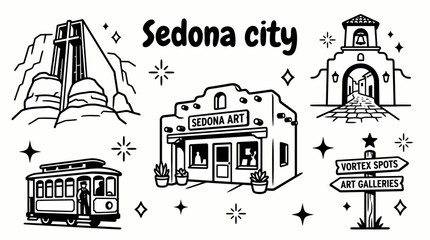 Sedona city for lesser known American destinations, desert landscapes, travel designs, and Southwest culture themes. Black and white sketch style featuring red rock scenery, local architecture © samira