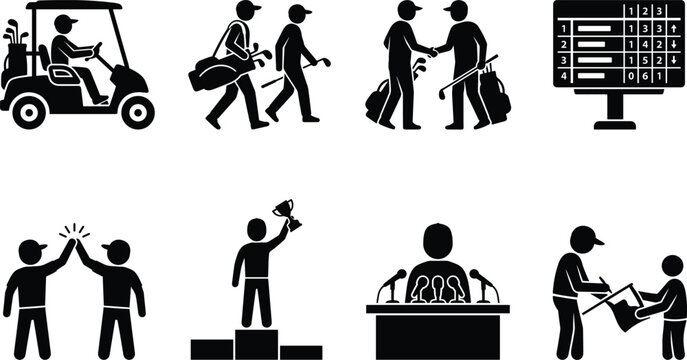 Golf Tournament Icons Set with Golf Cart, Scoreboard, Trophy, Press Conference and Victory Symbols