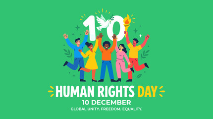 Fototapeta premium Vibrant illustration of Human Rights Day on December 10th, featuring five diverse people celebrating global unity, freedom, and equality with raised hands, a dove, and a torch.