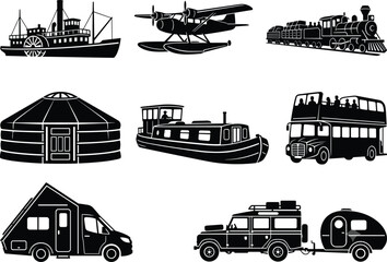 Obraz premium Set of vintage and retro travel transportation vector silhouettes isolated on a white background