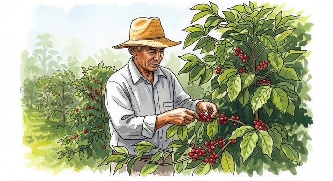 Coffee harvesting watercolor illustration of farmer picking ripe coffee cherries on plantation