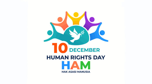 Human Rights Day logo with diverse people, a peace dove, and text '10 December Human Rights Day HAM Hak Asasi Manusia' on a white background.