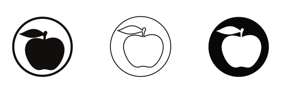 Three apple icons in black on white background for logo or symbol use. Vector icons of three different apple styles in black on a white background, suitable for logos, symbols, or infographics.