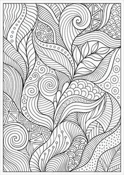 Abstract Organic Zentangle Floral Doodle Coloring Page with Swirls, Leaves and Geometric Patterns