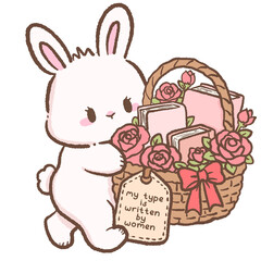 Obraz premium Cute Book Lover Bunny Carrying a Basket of Romance Books and Roses My Type Is Written by Women Digital Clipart