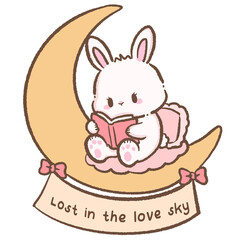 Obraz premium Cute Book Lover Bunny Reading a Romance Novel While Sitting on a Crescent Moon Dreamy Cozy Night Reader Digital Clipart