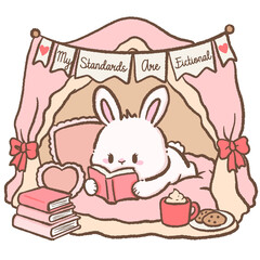 Obraz premium Cute Romance Reader Bunny Relaxing Inside a Cozy Reading Tent with Books Hot Chocolate Cookies and My Standards Are Fictional Banner Digital Clipart