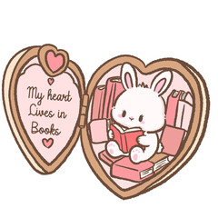 Obraz premium Cute Bookish Bunny Reading Inside a Heart Shaped Locket Mini Library My Heart Lives in Books Romance Reader Digital Clipart