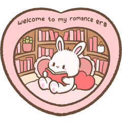 Obraz premium Cute Bookish Bunny Reading in a Heart Shaped Library with Welcome to My Romance Era Cozy Romance Reader Digital Clipart