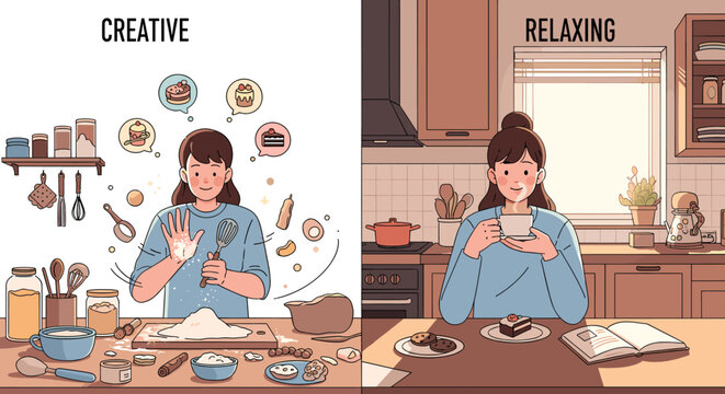 A split screen illustration comparing creative baking activities and relaxing moments with coffee at home.