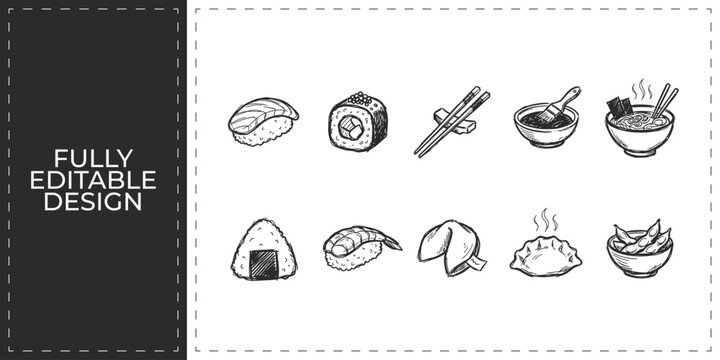 Asian cuisine and Japanese sushi food hand drawn doodle icons featuring rolls ramen and dumplings for restaurant menu and street food catering business design graphics
