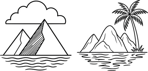 Minimalist Mountain and Tropical Island Vector Set featuring Line Art Scenery with Palm Tree, Cloud, and Sea Waves for Modern Travel Designs © Mdsurjo