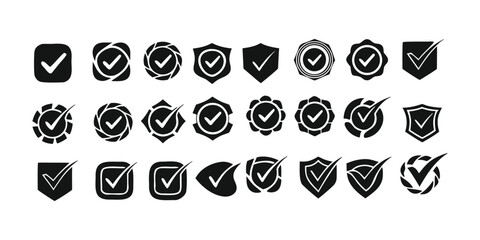 Tick mark icons with shield shapes black silhouette on white background © Ruma