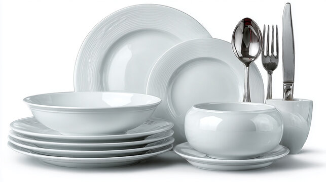 Minimalist white porcelain dinnerware set with polished stainless steel cutlery arranged elegantly on a clean isolated white background for fine dining