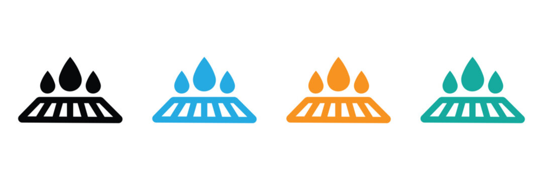 Four color variations of water droplet icons on white background for steam or heat concept