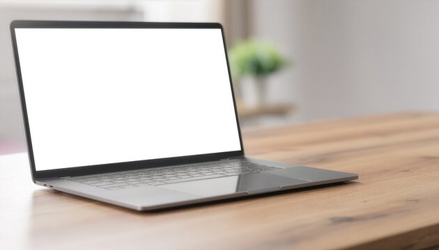 Laptop with Blank White Screen on Wooden Desk