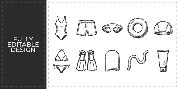 Swimming gear and beachwear hand drawn doodle vector icons featuring bikini trunks goggles and lifebuoy for aquatic sports and summer vacation planning agency design