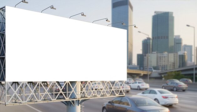 Blank Billboard on Urban Highway with City Skyline