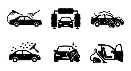 Naklejka premium Car wash icon set, professional auto detailing symbols, 6 black vector vehicle cleaning signs