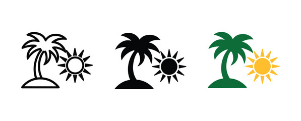 Tropical Paradise Icons. A trio of stylized illustrations depicting a palm tree and sun, perfect for travel and leisure themes. vacation concept, island getaway, summer icon. © Joba Vector Studio
