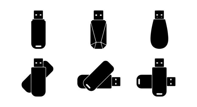 Minimalist USB flash drive icons, black silhouette memory stick set, digital storage vector pack