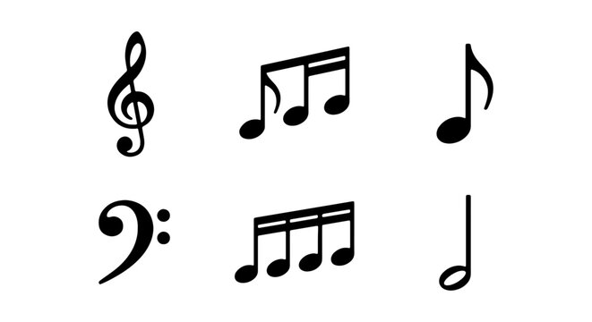 Black music notes and clef icons set, musical notation symbols, 6 vector elements for design