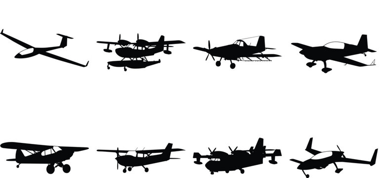Light Aircraft Silhouette Collection Featuring General Aviation Planes and Utility Airplanes Vector Icons