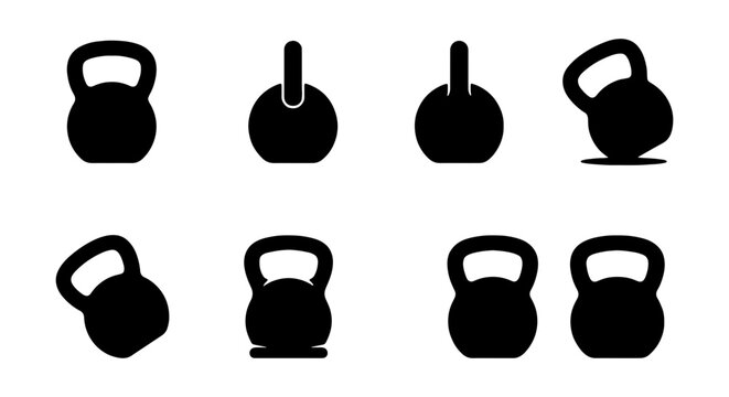 Kettlebell silhouette icon set, fitness weight lifting equipment, 8 gym workout vector elements