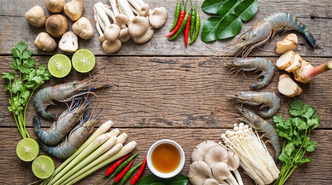 Flat Lay of Raw Ingredients for Tom Yum Soup
