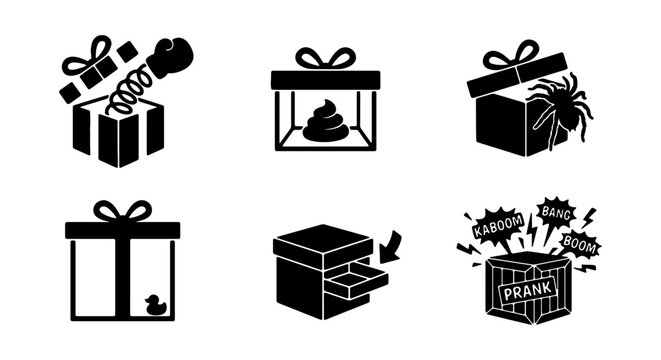 Prank gift box icons set, 6 black vector surprise elements, funny joke and trick symbols