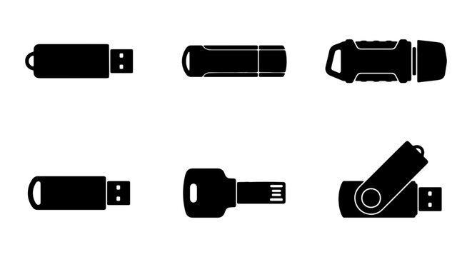 USB flash drive icon set, 6 black vector silhouettes of portable memory sticks and thumb drives