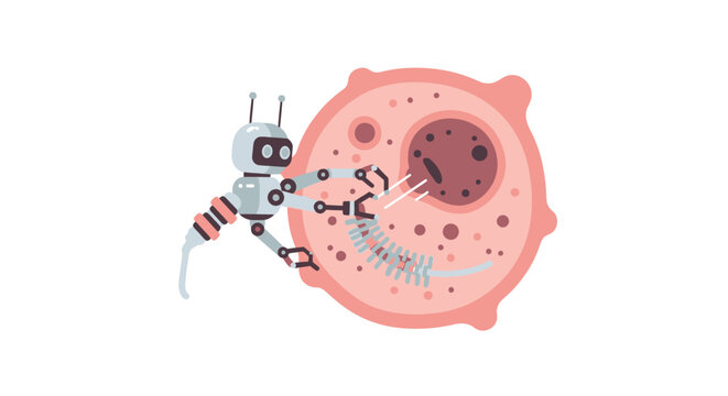 Nanotechnology Medical Robot Editing Cell DNA - Biotech Concept Illustration