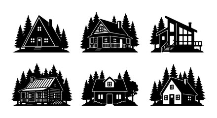 Naklejka premium Rustic cabin silhouettes, set of 6 forest house icons, mountain lodge and a-frame cottage vectors
