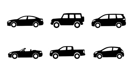 Fototapeta premium Black car silhouette icons set, automotive vehicle side view symbols, 6 transport vector signs