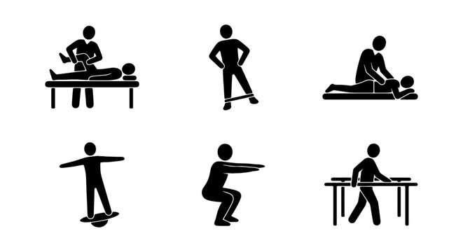 Physical therapy icons set, physiotherapy rehabilitation exercises, 6 medical vector pictograms