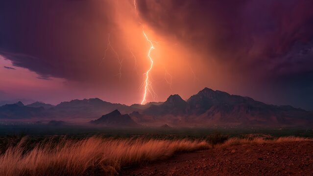 Dramatic lightning bolt striking over desert mountain landscape at twilight.