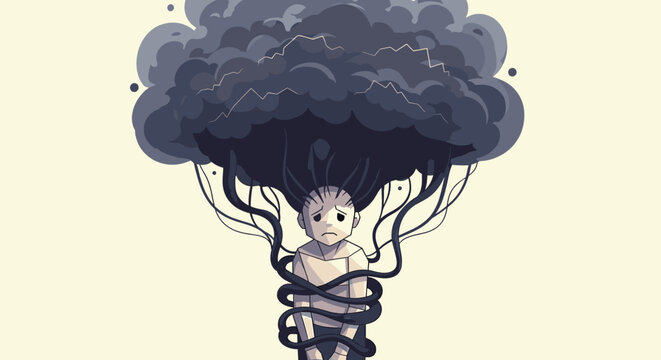 Illustration of a sad child trapped by dark storm clouds and tangled vines representing mental health struggles.